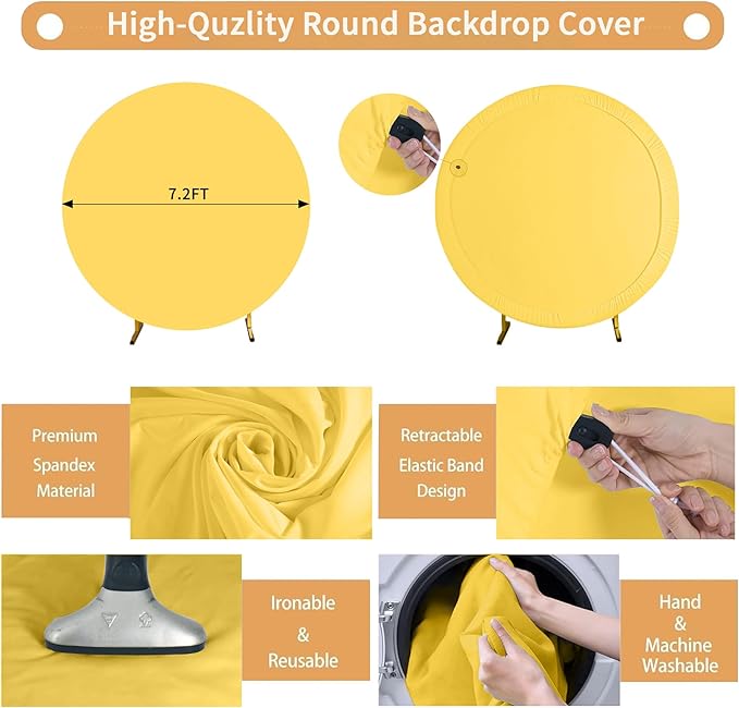 Gallety 7.2FT Yellow Round Backdrop Cover with Size Adjuster & 4 Metal Clips, Universal Fit for 5ft-7.2ft Circle Stand, Polyester Fabric Arch Cover for Wedding, Birthday Party, Photography Decor