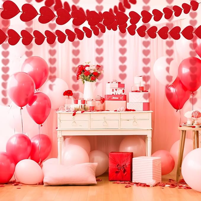 Valentines Day Decorations, 96 PCS Red Felt Heart Garland Hanging, Pre-Assembled Romantic Heart String Garland for Home, Wedding, Anniversary & Party Decor