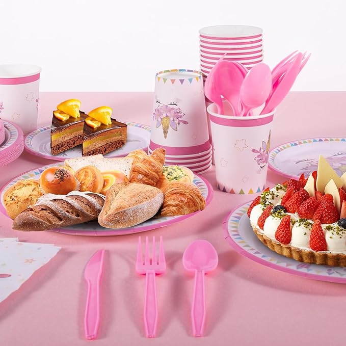 Unicorn Birthday Decorations for Girls, 170 Pcs Unicorn Party Decorations Including Banner, Plates, Cups, Napkins, Cutlery and Tablecloths, Serves 24