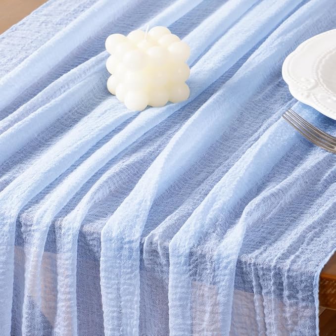 Socomi Blue Easter Spring Gauze Cheesecloth Table Runner 120 Inch Rustic Boho Cheese Cloth Runner for Wedding Party Baby Bridal Shower Centerpiece Decoration Holiday Home Decorations