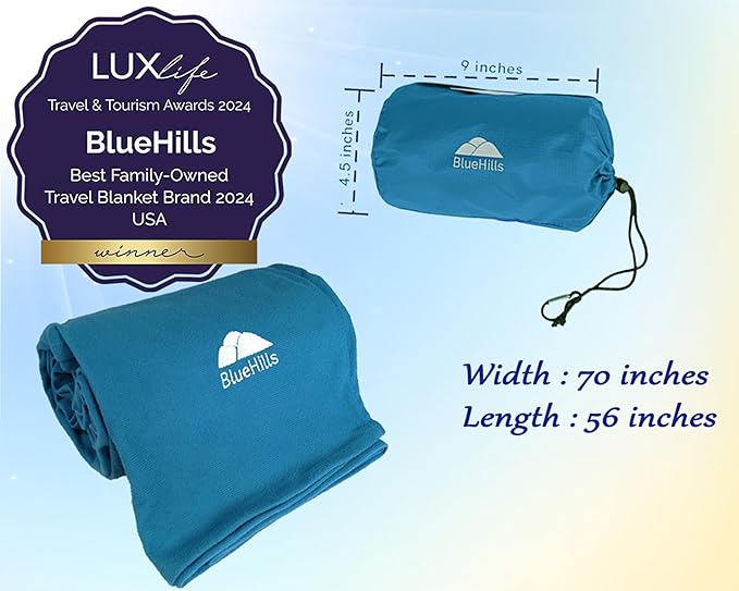 BlueHills Ultra Compact Travel Blanket in Portable Case Premium Soft Large Airplane Blanket Flight Essentials for Car Plane Train Hotel Layover Peacock Teal C004
