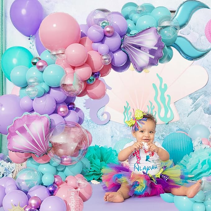 Mermaid Balloon Garland Arch Kit, Pastel Pink Purple Teal Blue Clear Balloons with Tail Seashell Foil Balloons for Little Mermaid Birthday Party Decorations Summer Under The Sea Ocean Party