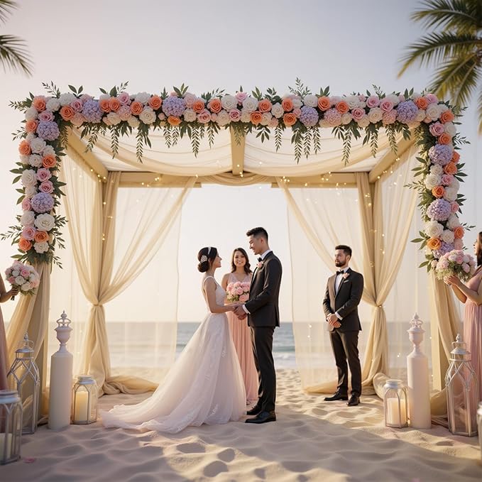 GALLETY 10 FT x 8 FT Champagne Backdrop Curtain - Tulle Backdrop Curtain with Lights String - Sheer Backdrop Curtains with 4 Inch Rod Pockets for Birthday Weddings Baby Shower Theme Party Decorations