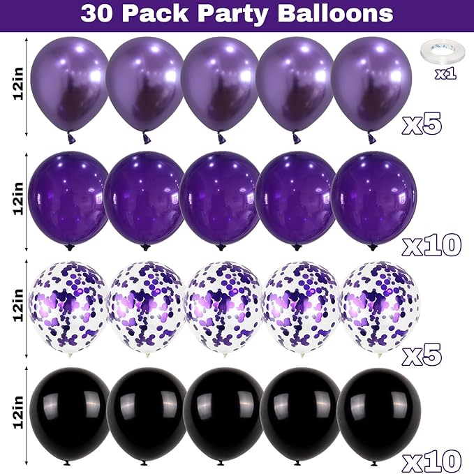 Purple and Black Balloons, 12 Inch Metallic Purple Black Party Balloons Confetti Latex Helium Balloon for Halloween Graduation Birthday Wedding Party Decorations