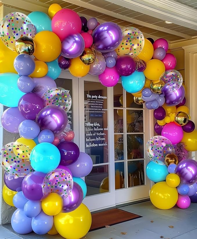 300 Pcs Mermaid Balloons Set, 12 Inches Purple Metallic Purple Teal Hot Pink Yellow Latex Balloons and Confetti Balloons for Birthday Mermaid thematic Party Decoration