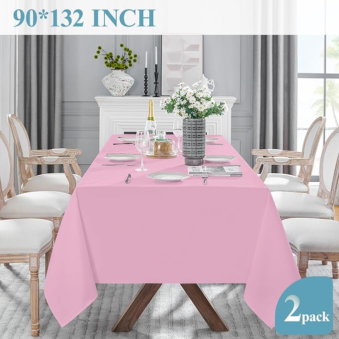 VidaFete 2 Pack 90 * 132inch Rectangle Table Cloth Polyester, Stain Wrinkle Resistant Polyester Dining Table Cover for Kitchen Dinning Party Wedding Rectangular Table Buffet Decoration(Pink)
