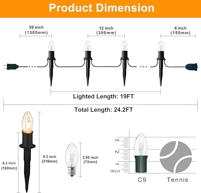 Outdoor Warm Christmas Pathway Lights, 24.2ft 20 Lights with Stakes, Outside Walkway Marker, C9 Christmas Decor, Driveway Decorations, Waterproof, Hanging or Plugging