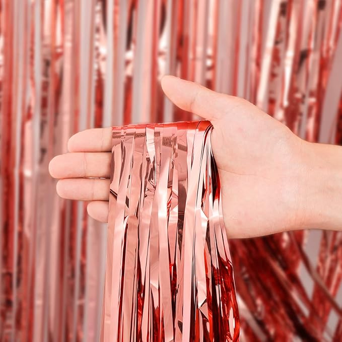 2 Pack Rose Gold Tinsel Foil Fringe Curtains, Rose Gold Party Decorations, Metallic Tinsel Party Streamers Backdrop for Birthday Baby Shower Graduation Wedding Party Decorations