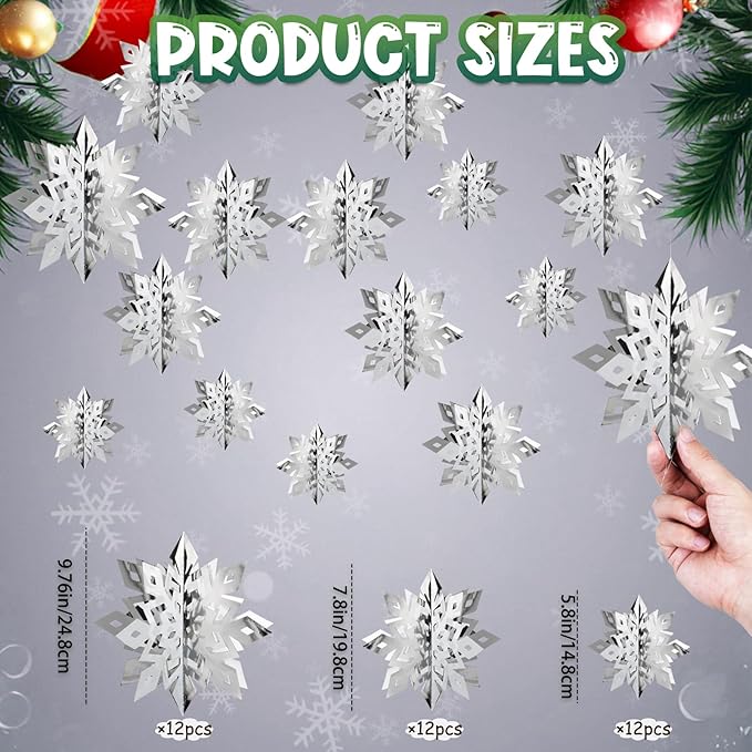OuMuaMua Christmas Snowflake Decorations Indoor, 36PCS 3D Silver Hanging Snowflakes Garland for Winter Wonderland Decor Xmas Christmas Party Baby Shower Holiday Home Decorations