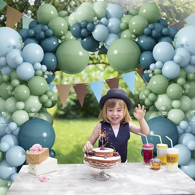 Blue and Green Balloon Arch Kit 107Pcs Dusty Blue Sage Green Balloons Garland Retro Slate Haze Fog Pale Gray Birthday Party Balloons for Boys Rustic Navy Woodland Jungle Baby Shower Decorations