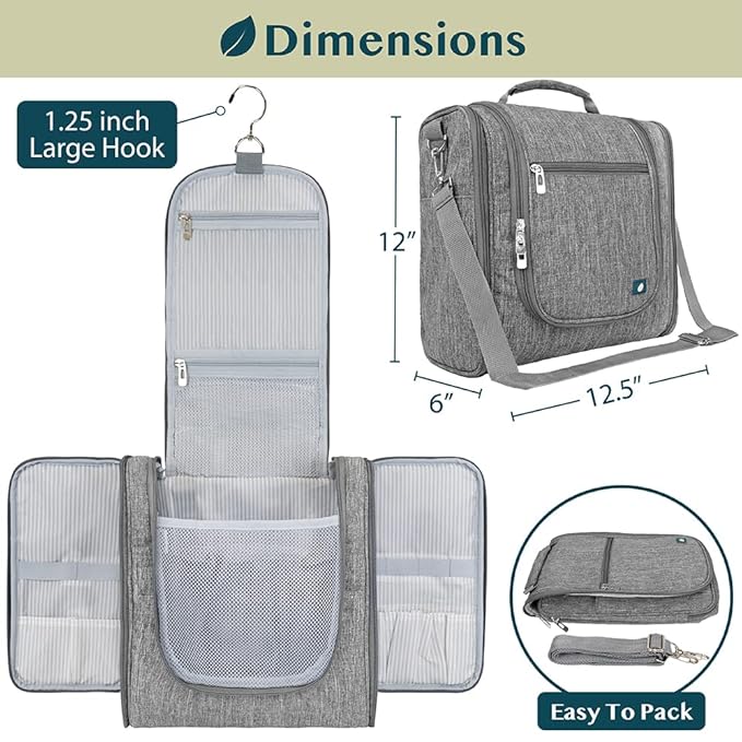 PAVILIA Extra Large Toiletry Bag Travel Bag for Women Men, Hanging Cosmetic Organizer, Water Resistant Makeup Bag for Accessories Toiletries, Travel Essentials Kit (Grey)
