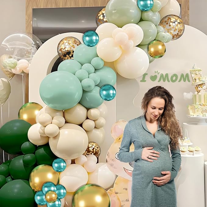 Green Gold White Balloon Arch Kit, 147PCS Dark Green Ivory Gold Metallic Pastel Green Balloons Garland for Birthday Wedding Baby Bridal Shower Party Decorations