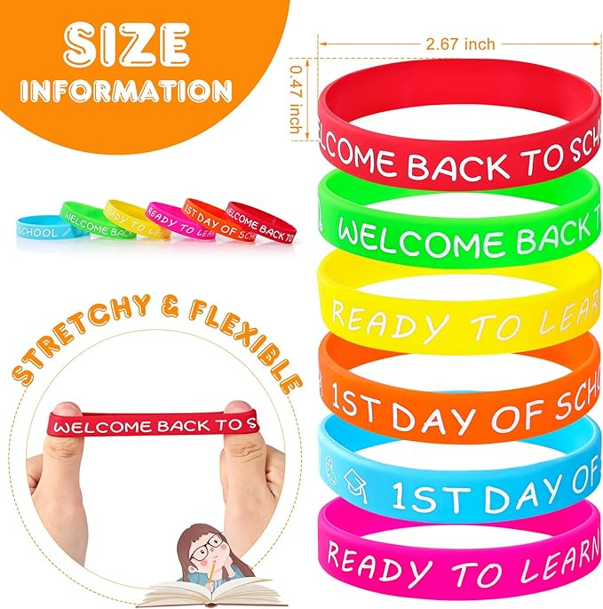 Welcome Back to School Rubber Bracelets 30 PCS First Day of School Bracelet Gifts Silicone Wristbands for Students Kids Party Favors Supplies Decorations Classroom Prizes Rewards Goodie Bags Stuffers