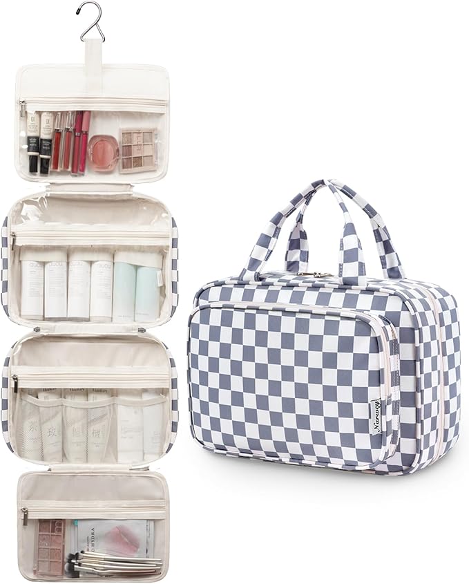 Narwey Travel Toiletry Bag for Women Large Hanging Makeup Bag Organizer Toiletries Bag for Full Size Essentials Accessories Cosmetics (Grayish Blue Checkerboard (Large))