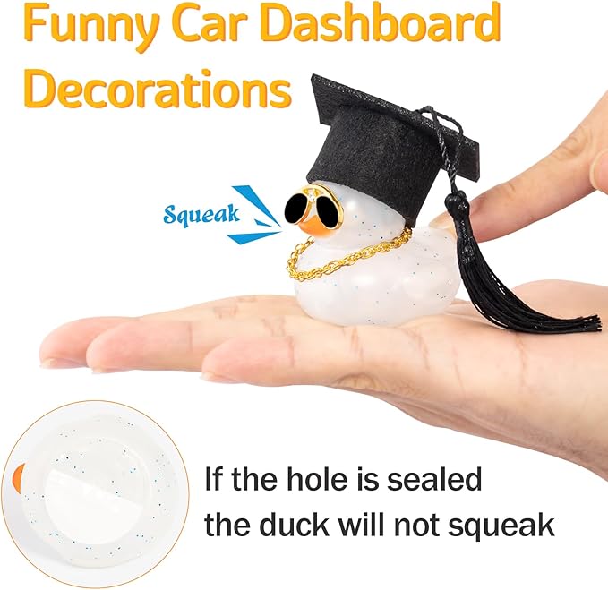 wonuu Car Dashboard Decor Graduation Hat Color Rubber Duck, Car Ducks Ornaments with Mini Graduation Hat Necklace Sunglasses (Transparent)