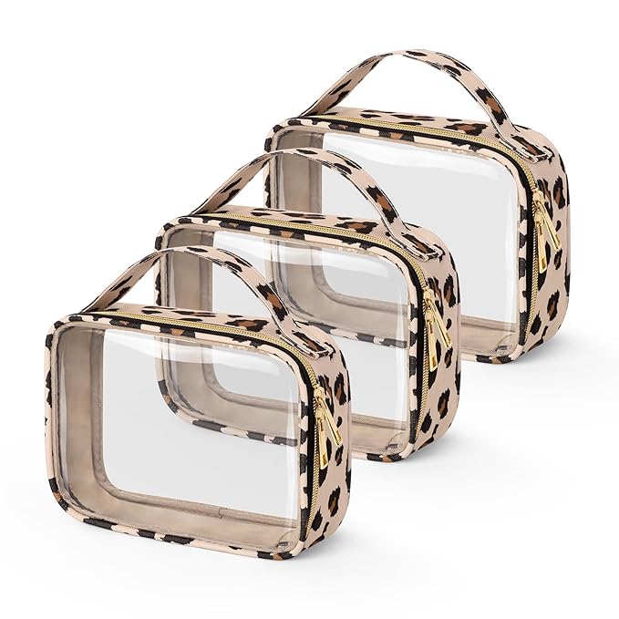 Wedama TSA Approved Toiletry Bag, 3 Pack Clear Makeup Bags with Handles, Quart Size PVC Clear Cosmetic Bags for Women and Men, Carry on Airport Airline Compliant Bag, Leopard Print