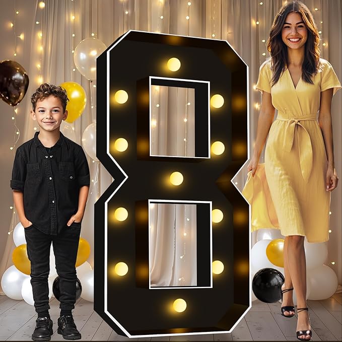 Pooqla 4 FT Light Up Marquee Numbers, Black Marquee Number Lights 4 Feet Tall for 8th 18th 80th Birthday, Giant Letter Big Mosaic Numbers for Balloons Party Anniversary Wedding Decorations, Number 8