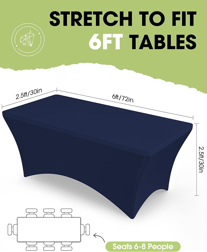 Pureegg Spandex Tablecloth 6ft - 6 Pack, Fitted and Stretch Table Cover for Rectangle Tables, Wrinkle-Resistant and Secure Fabric for Outdoor, Picnic, Party, Wedding, Banquet and Birthday, Navy Blue