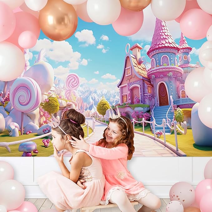5x3ft Candyland Backdrop Pink Sweet Candy Castle Fairy Tale Photography Background for Girls Princess Birthday Baby Shower Party Decorations Kids Portraits Banner Photo Studio Props