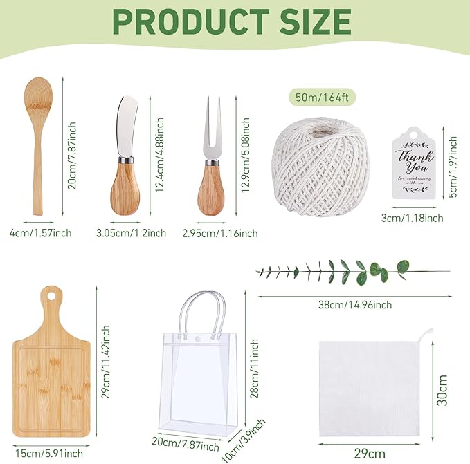 Baby Shower Prizes for Game Winners Bamboo Cheese Board Spoon Fork Butter Spreaders Plaid Towel Thank You Card and Gift Bags for Baby Shower Wedding Bridal Shower Favors (Bamboo, 8 Sets)