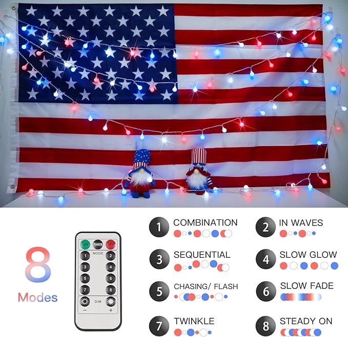 suddus Red White and Blue Lights, 100 Led Battery Powered String Lights, Globe String Lights for Flag, Backyard, Patio, Garden, Party, Bedroom, Living Room, Christmas, Classroom Decoration
