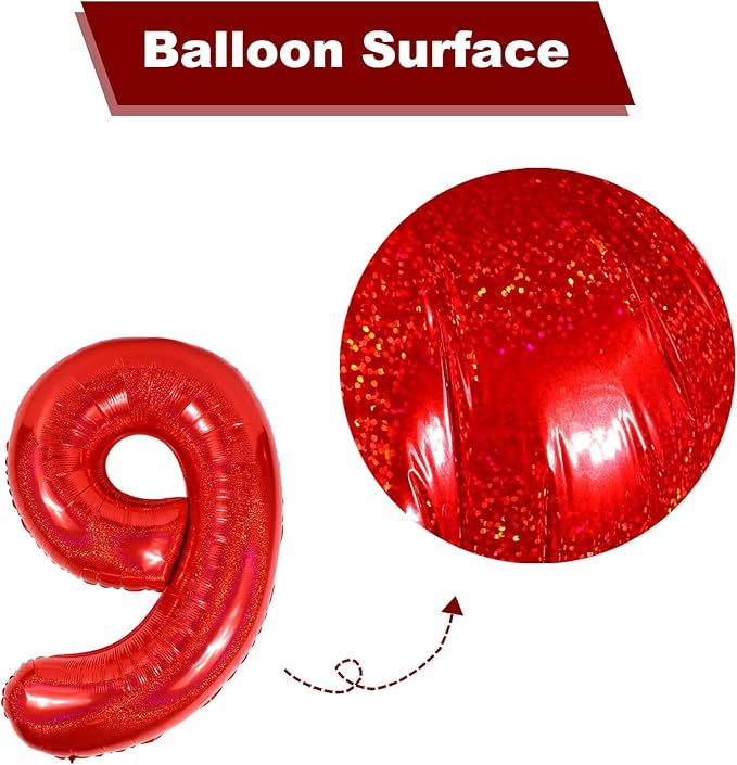 Laser Red 9 Balloon, Number Balloons 40 Inch, 9th Giant Birthday Decorations for Girls,19th 29th Party Decorations Supplies, Number 9 Balloon