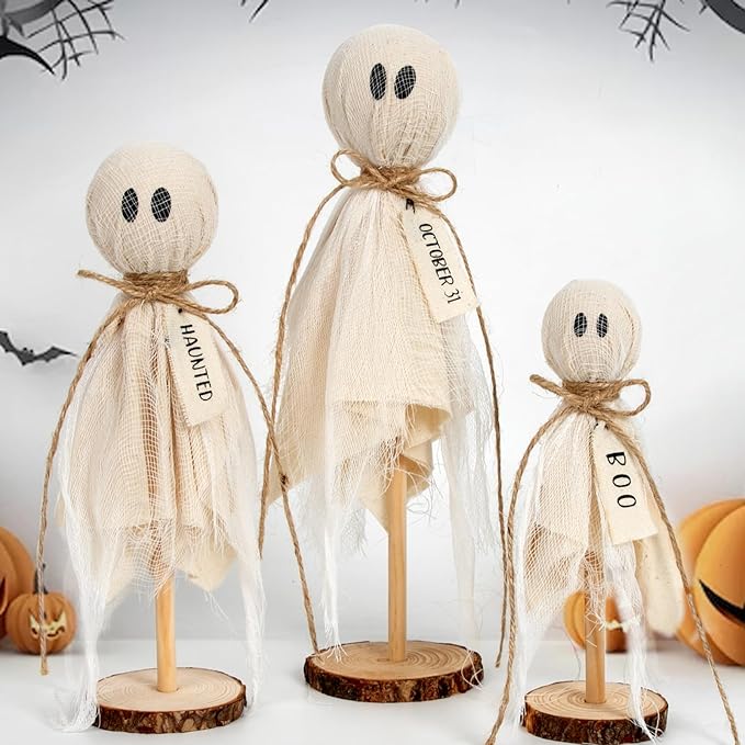 DAZONGE Halloween Decorations Indoor - Set of 3 Primitive Halloween Ghosts on Wooden Stand for Table Centerpieces, Shelves, and Mantels