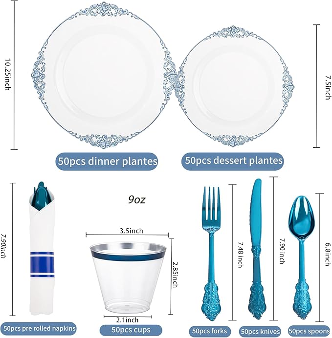 Hioasis 350pcs Clear Blue Plastic Plates - Elegant Disposable Dinnerware Set Suitable for 50 Guests Include 10.25" Dinner & 7.5" Dessert Plates, Pre Rolled Silverware Set, Cups for Party & Wedding