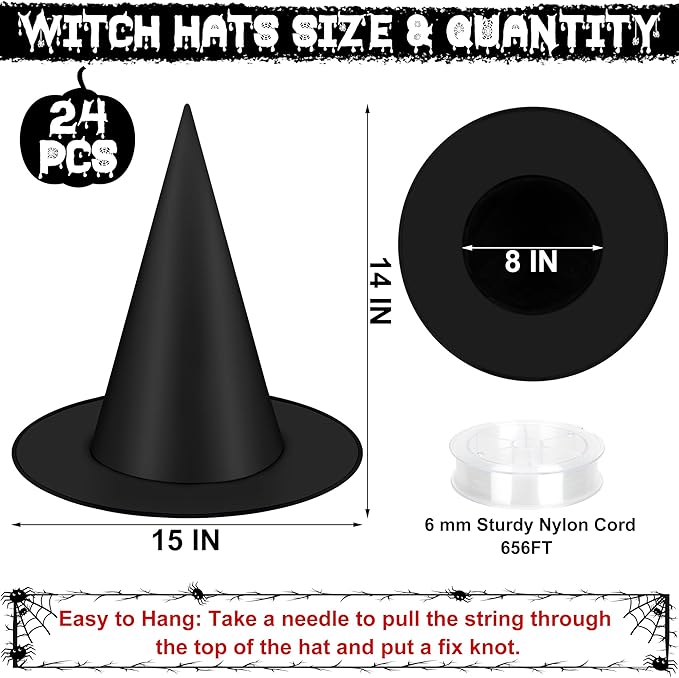 24 PCS Halloween Witch Hat, Black Witches Hat Costume Accessories Hanging Witch Hats Halloween Decor with 656 FT Nylon Cord Wizard Hats Indoor Outdoor Home Yard Porch Party Decorations