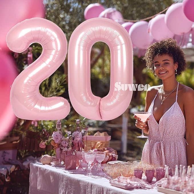 SUWEN 40 Inch Pink Large 20 Number Balloons Big Foil Helium Number Balloons 0-9 Jumbo Happy 20th Mylar Birthday Party Decorations for Women Anniversary Party Supplies
