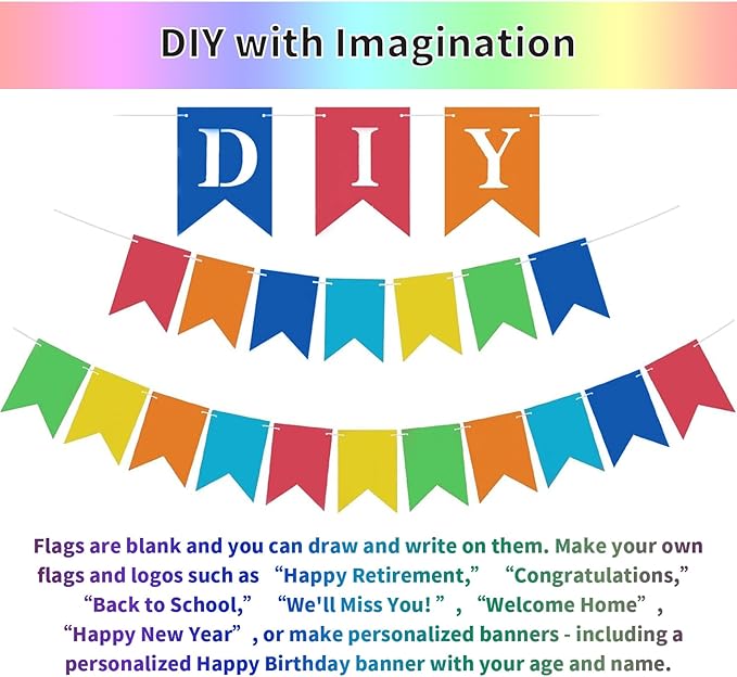 24pcs Blank Rainbow Banner Kit, DIY Text/Phrase Banner, Paper Pennant Banner Set, Customizable Banner for Birthday, Wedding and Bachelor Party, Anniversary Decorations Party Decorations