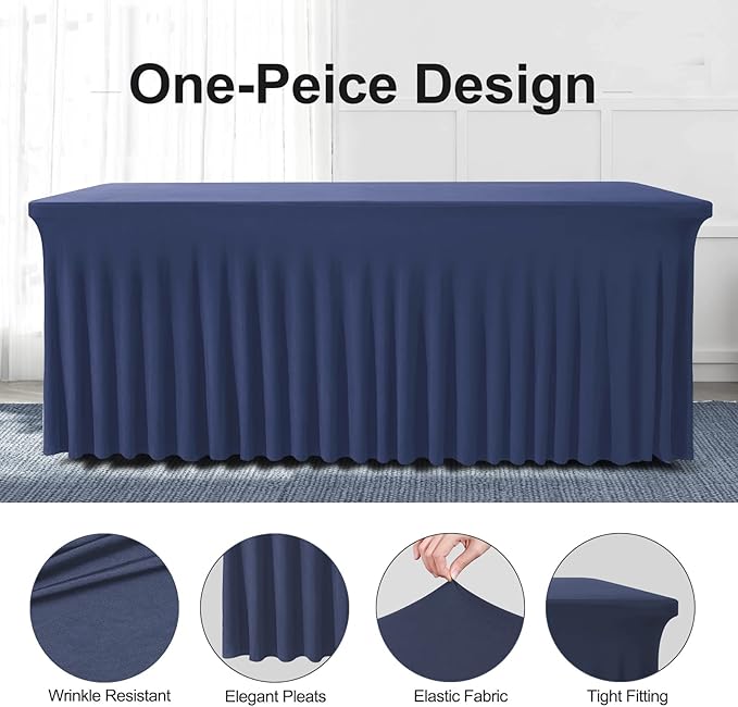 Table Skirts for Rectangle Tables 6ft - 2 Pack One-Piece Navy Blue Tablecloths and Skirt, Wrinkle Resistant Ruffles Elastic Cover for Banquets, Weddings, Events, Parties