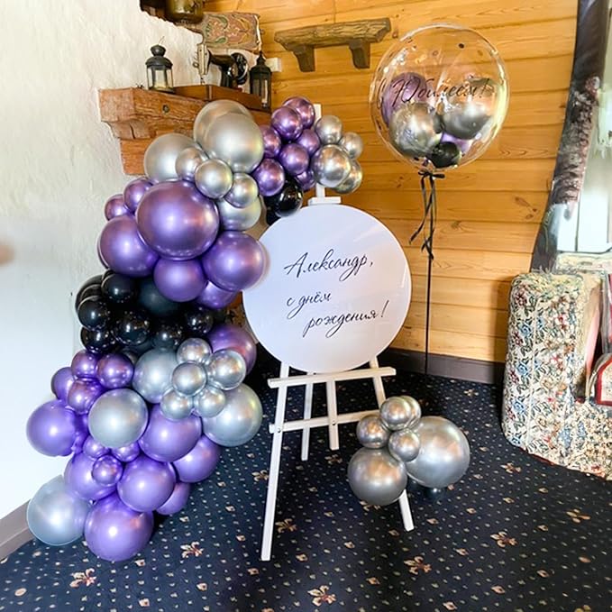 Purple and Black Balloons, 60 Packs 12 Inch Dark Purple Light Purple Black Balloons with Metallic Silver Confetti Latex Balloons for Halloween, Girls Women Birthday Wedding Party Decorations