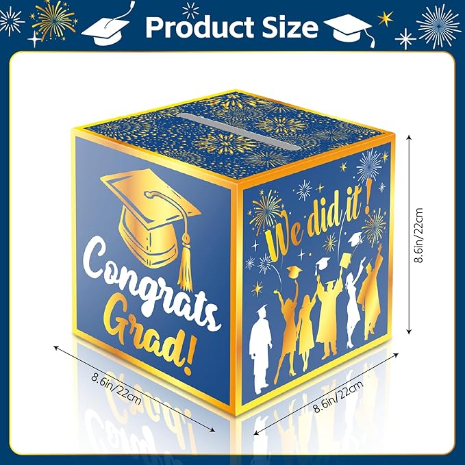 JWSCYSY Graduation Card Box Holder, Congrats Grad Foldable Cardboard Decorations Box for Graduation Party Favors Decor Party Supplies (Blue Gold)