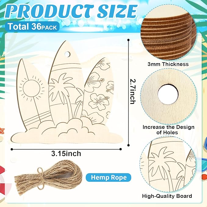 36PCS Wooden Summer Ornaments to Paint, 12 Styles DIY Blank Unfinished Wood Beach Cutouts Ornament for Crafts Hanging Decorations, Watermelon Surfboard Slippers Coconut Tree Home Decorations Gifts