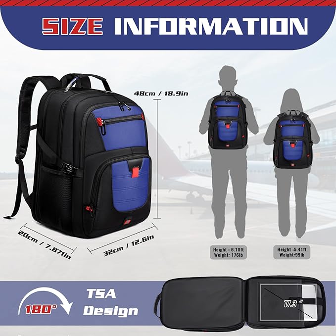 Travel Backpack, Extra Large Backpack, Laptop Bag for Men Women, Fits 17 Inch Laptop, 50L Water Resistant Flight Approved Business Work College Computer Bag, Dark Blue