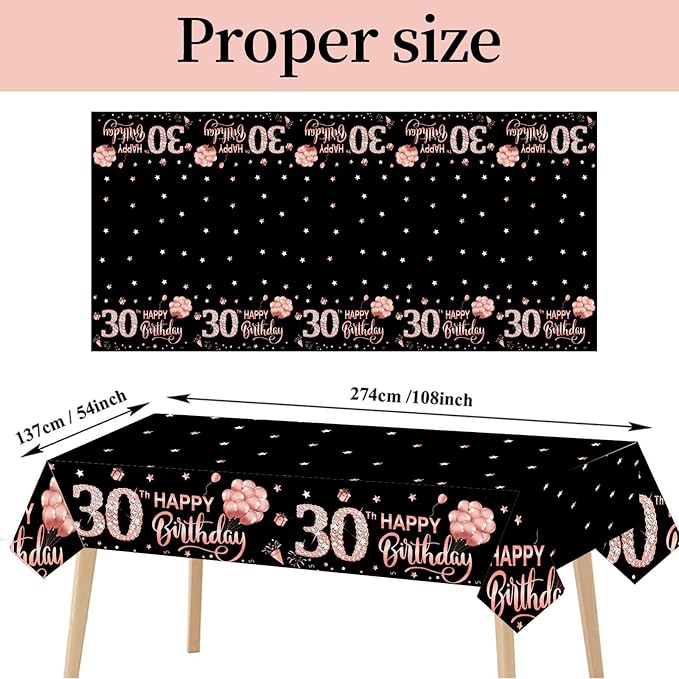 3 Pack Rose Gold Happy Thirty Table Cover - 30th Birthday Party Supplies, Plastic Disposable Rectangular Table Cloth Decor