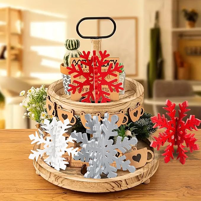 OuMuaMua Winter Christmas Centerpiece Table Decorations - 12pcs Wooden Snowflakes Decor 3D Red White Snowflake Tabletop Decor Snowflake Centerpiece for Xmas Holiday Tiered Tray Winter Farmhouse Decor