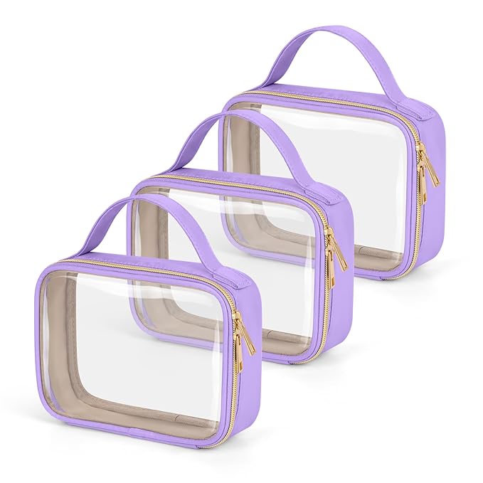 Wedama TSA Approved Toiletry Bag, 3 Pack Clear Makeup Bags with Handles, Quart Size PVC Clear Cosmetic Bags for Women and Men, Carry on Airport Airline Compliant Bag, Purple