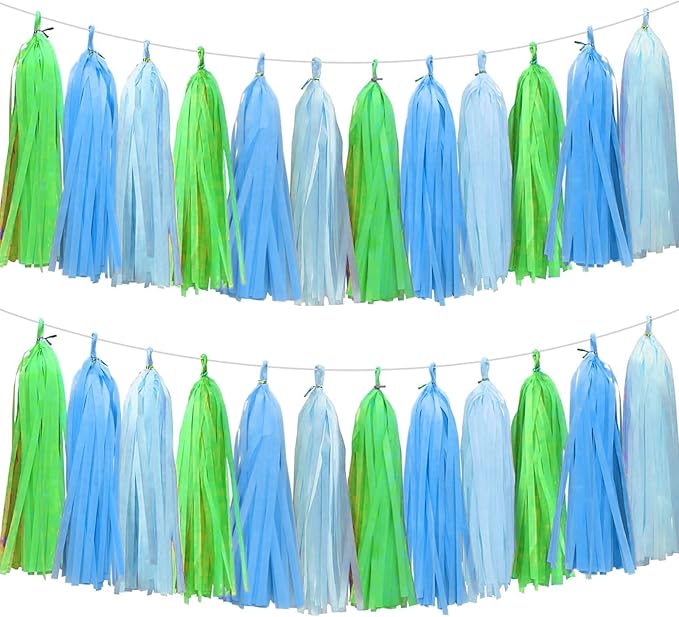 Blue Light Blue and Green Tassel Garland Banner Paper Tassels for Party Decorations,Pack of 15