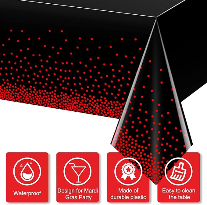 4 Pack Red and Black Dot Plastic Tablecloth, Red Stamping Dot Confetti Rectangle Plastic Disposable Table Cover for Birthday Wedding Baby Shower Engagement Anniversary Party Decorations, 54 x 108 Inch