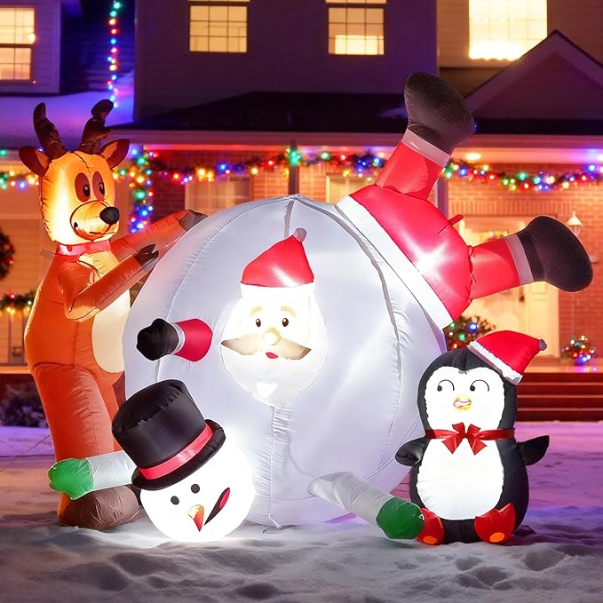 JOYHALO 6FT Christmas Inflatable Outdoor Decorations, Snowball Rolling Scene with Santa Claus, Penguin, Reindeer & Snowman, Build-in LED Lights, Blow Up for Indoor Yard Lawn Party Decor