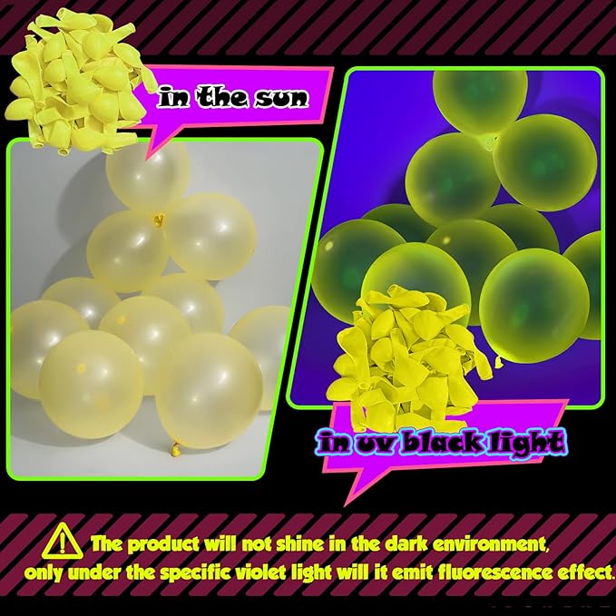 100 Pcs UV Neon Yellow Balloons 12 inch Neon Party Supplies, Balloons, Glow in the Dark for Birthday, Graduation, Baby Shower,Wedding, Anniversary Valentines Party Decorations