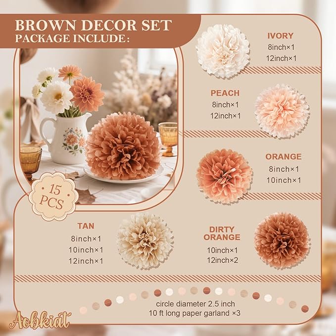 AOBKIAT Boho Fall Wedding Baby Shower Decorations,15PCS Brown Peach Tissue Paper Pom Poms,Circle Dots Colorful Paper Garland String Hanging Backdrop for Birthday Party,Retro Bridal Shower Engagement