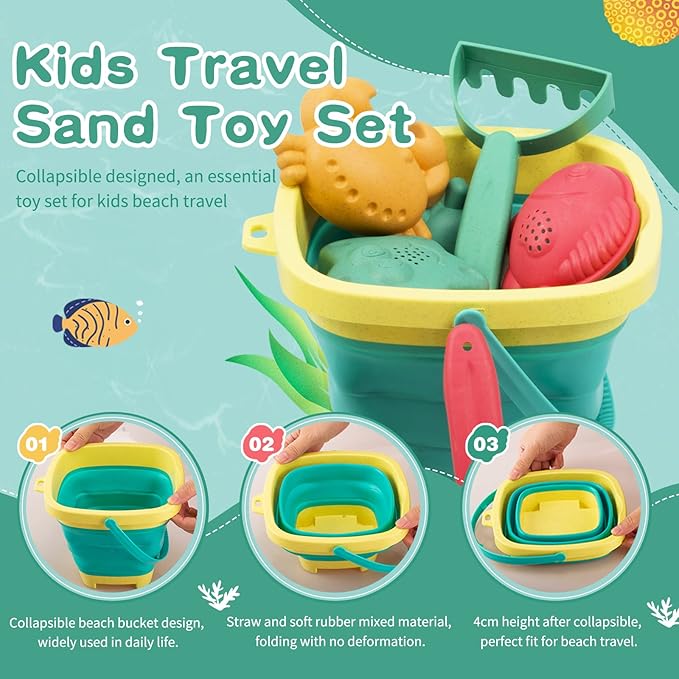 Beach Toys for Kids - Sand Toys Set Includes Collapsible Sand Bucket Shovel and Sand Rake Toy for Beach 12 PCS, Sandbox Toys Sandcastle Building Kit (A)