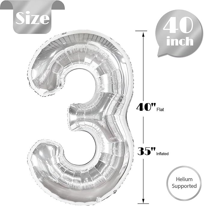 Silver Number 3 Balloon 40 Inch, 3 Balloon Number, 3rd Birthday Decorations, Silver Party Supplies for Boys Girls