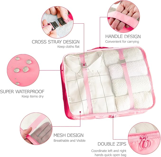 8 Set Packing Cubes for Suitcases Travel Luggage Packing Organizers,Travel Essentials Luggage Organizer Accessories for Shoe Bag Tioletry Bag Laundry Bag (Pink)