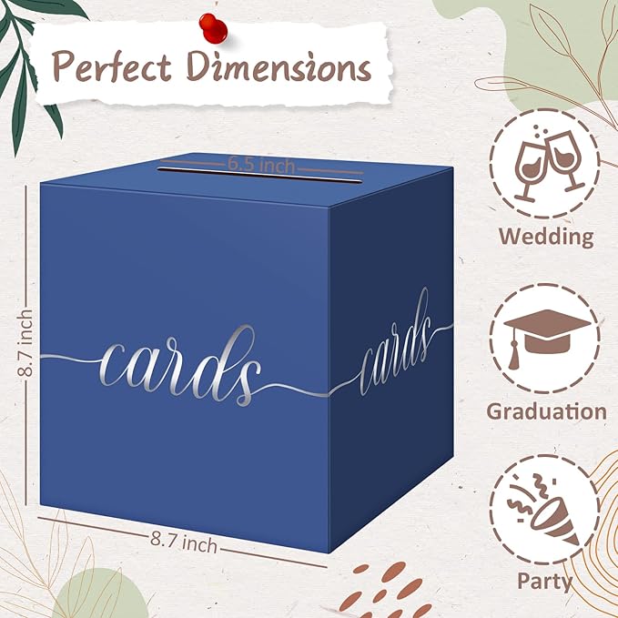QIKSION Navy Blue Graduation Card Box, Silver Foil Gift Card Box for Graduation, Party, Wedding Reception, Birthday, Baby Shower, Raffle