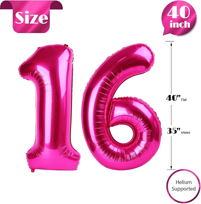 Hot Pink Number 16 Balloons 40 inch, 16 Number Balloons, 16th Birthday Decorations for Girls 16 Year Old Hot Pink Party Supplies