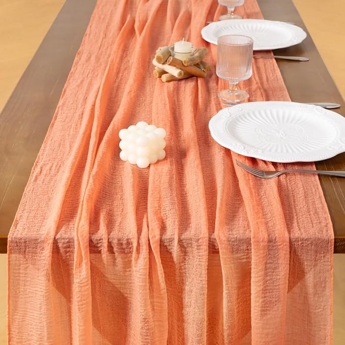 Socomi 6pcs Peach Easter Spring Gauze Cheesecloth Table Runner 120 Inch Rustic Boho Cheese Cloth Runner for Wedding Party Baby Bridal Shower Centerpiece Decoration Holiday Home Decorations